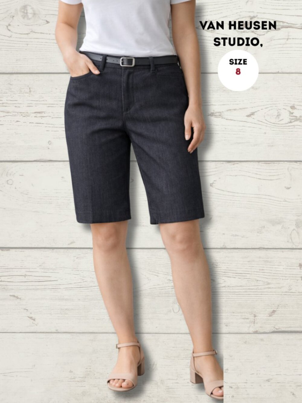 Van Heusen Studio Stretch Bermuda Shorts | Navy | Size 8 | Belt Included